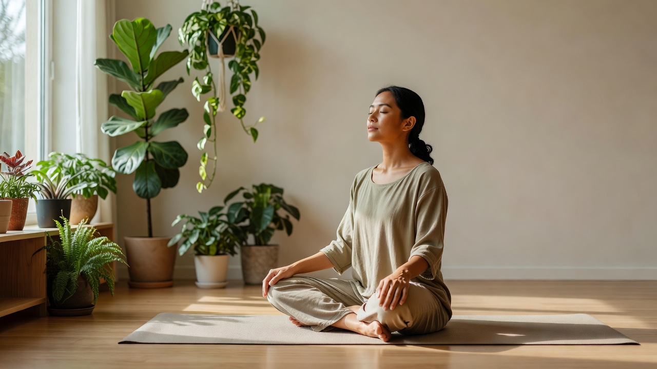 An individual in comfortable clothing gently practicing floor stretches in a light-filled home room adorned with green interior plants.