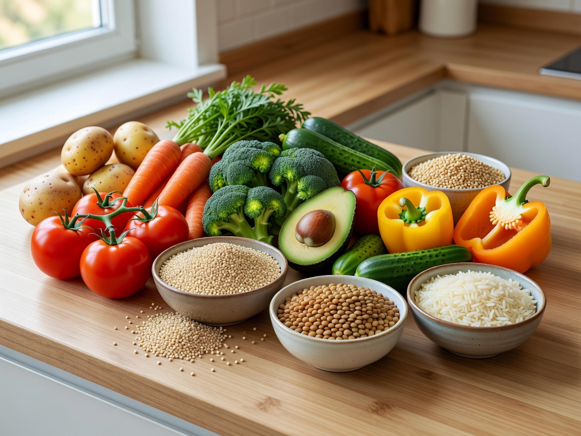 An assortment of fresh multi-colored vegetables and grains, promoting structured, everyday nutrition habits.
