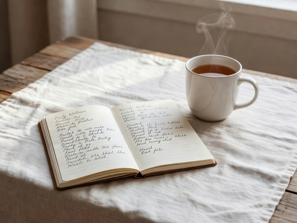 An open aesthetic paper notebook containing personal daily wellness logs and structured habit tracking tables, resting on an elegant light linen cloth beside a steaming white ceramic tea mug.